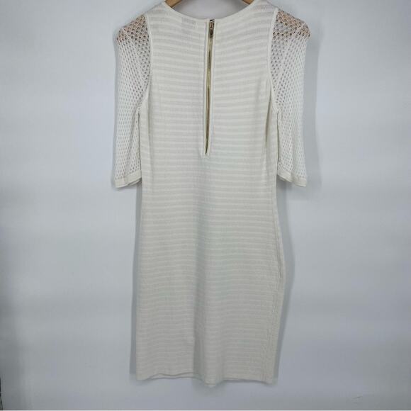 CACHE Dress Ivory Winter White Knit Crochet Trim Sleeve Bodycon Cocktail M - Picture 2 of 7